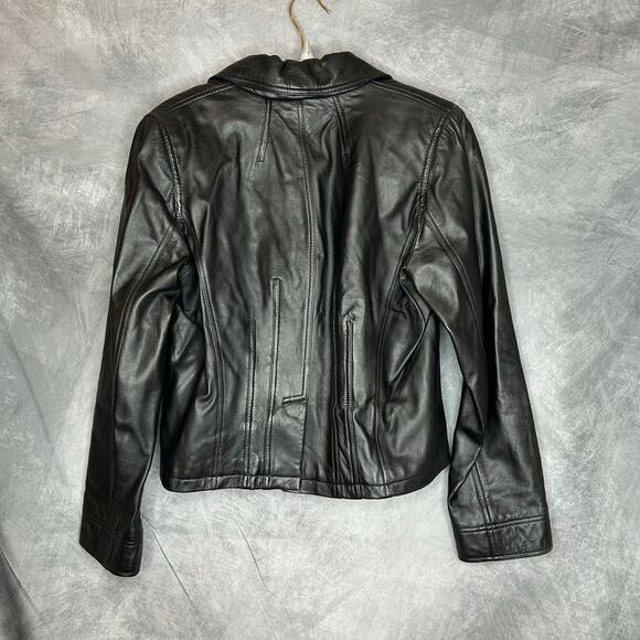 Petite Sophisticate Jacket Coat Women M 100% Leather Black Old Money Staple - Picture 2 of 8